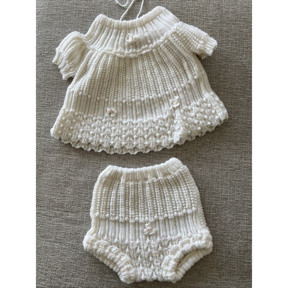 Vtg Friemanit Baby Ivory Knitted Sweater Dress 2pc Set 6-9 Made In Greece READ